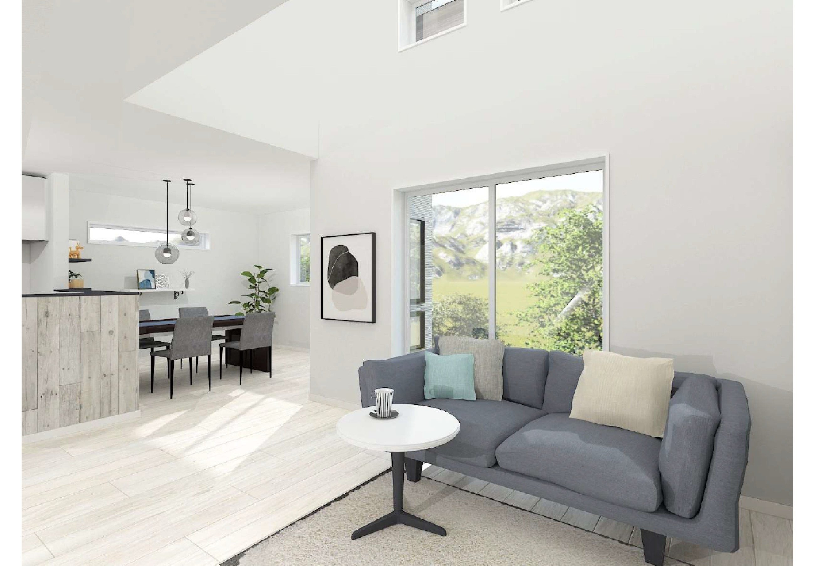 (建物プラン例) 家族が集まる、開放感いっぱいの20帖リビング。吹抜けで光と風を感じる暮らし。